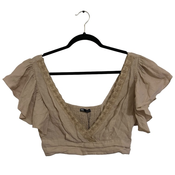 ZARA Boho Linen Ruffle Sleeve Crop Top S - Picture 4 of 15